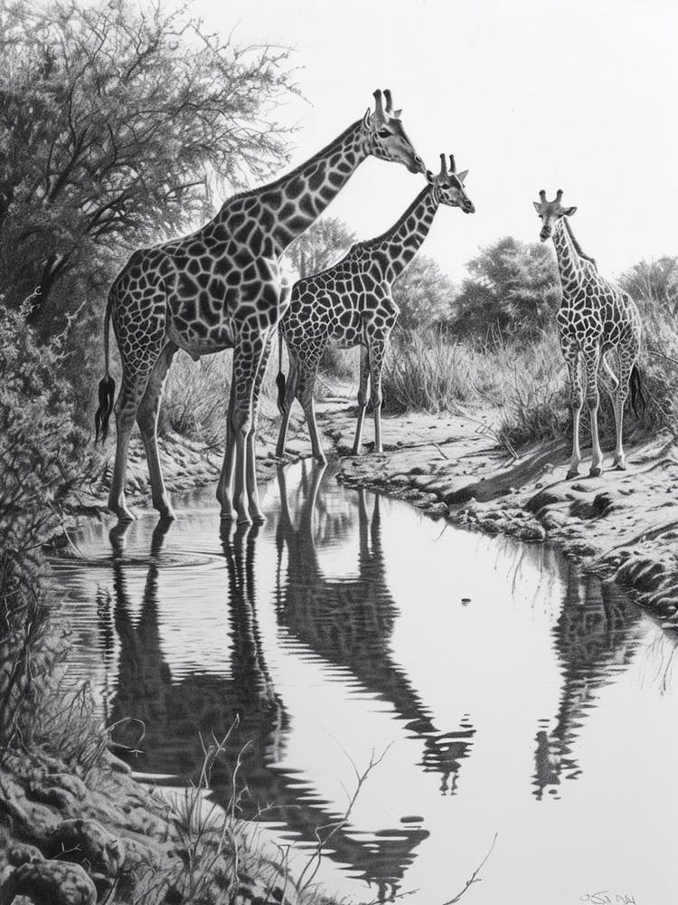 Giraffes Inspecting Their Reflection Pencil Drawing 3