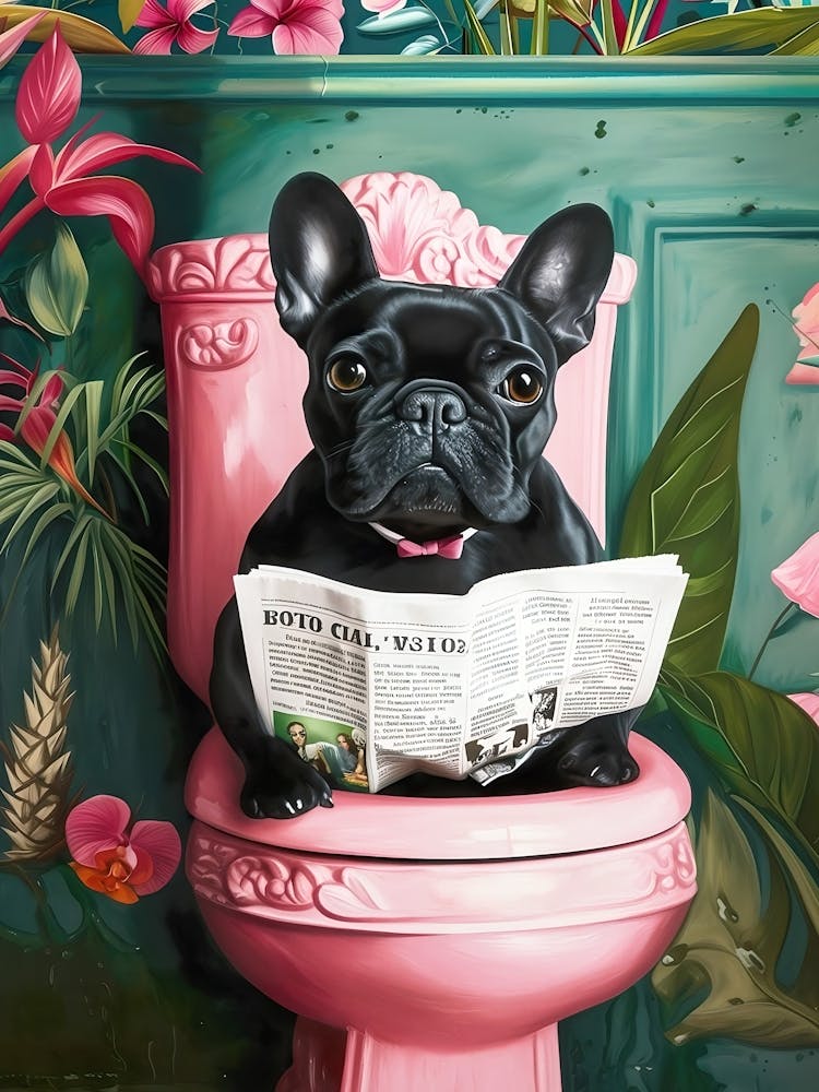 Bathroom Black French Bulldog Reading On Toilet Print, Funny Bathroom Decor Toilet Wall Art Funny Dog Print Bathroom Wall Art Dog On Toilet