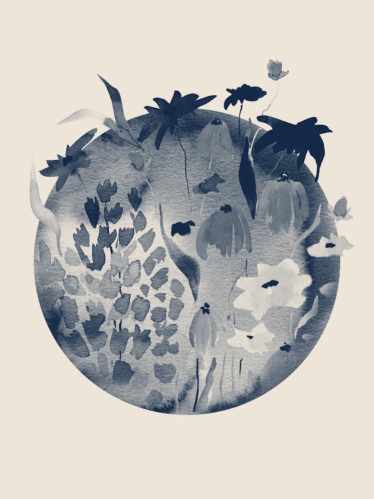 Boho Moon And Line Flowers in Navy Blue and Beige