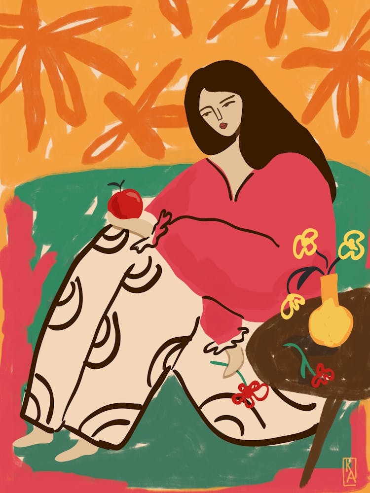 Abstract woman with apple art print, Vibrant retro poster, Modern Сontemporary