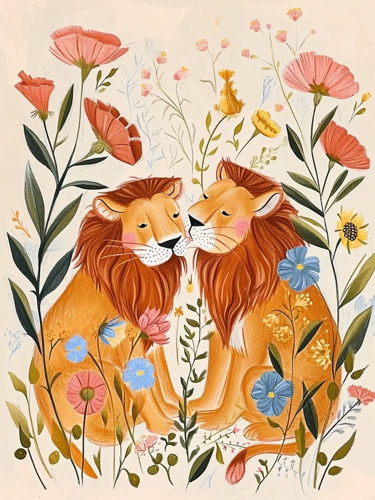 Folksy Floral Animal Drawing Lion