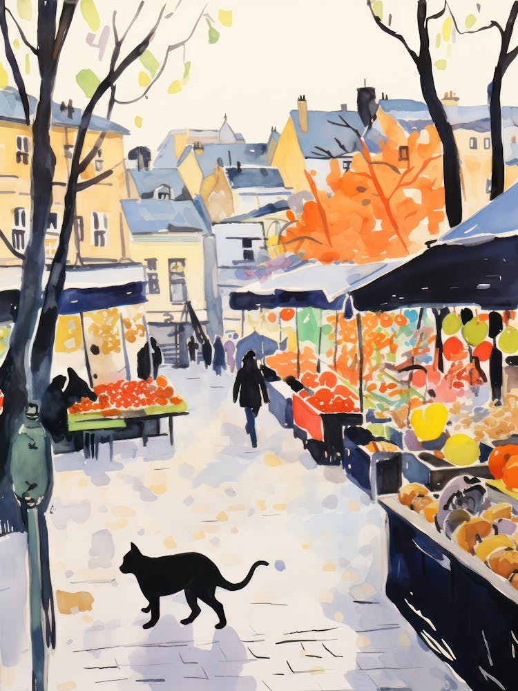 Food Market With Cats In Oslo 2 Watercolour