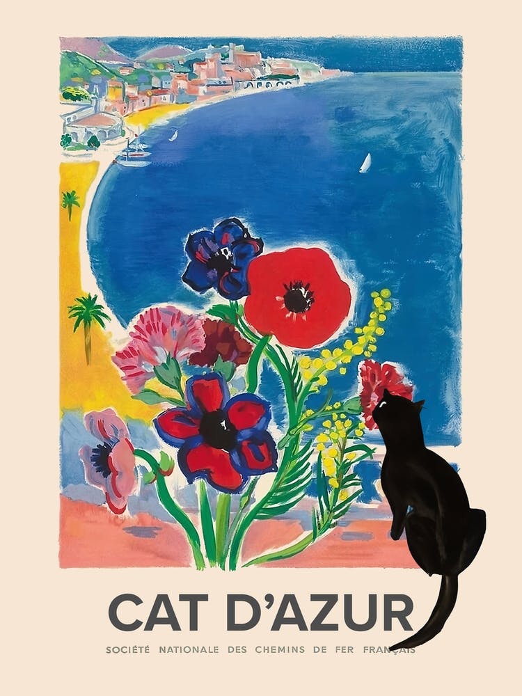 Black Cat, Cat D Azur In The Style Of Visitez Cote D Azur Vintage Travel Poster