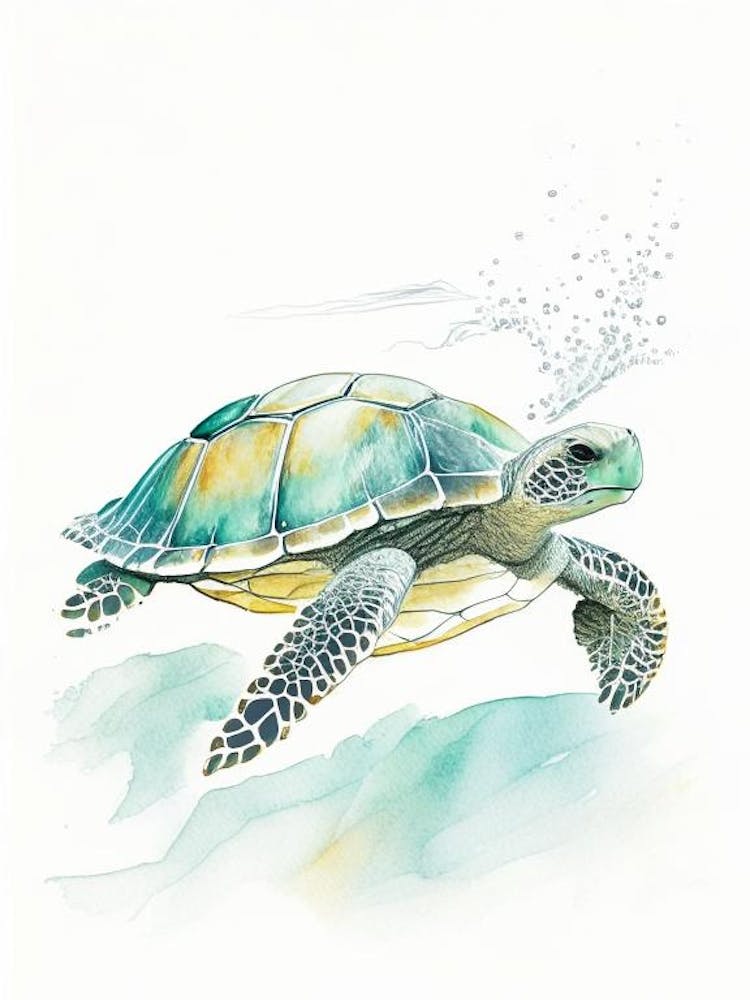 Sea Turtle In Deep Ocean, Sea Turtle Pencil Illustration 2