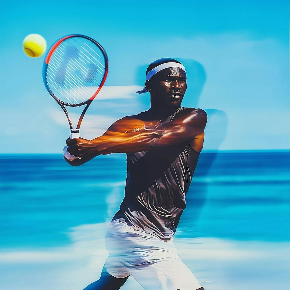 An African Beach Tennis Player Mid Serve, With A Perfect Follow Through Pose, Racket Motion Blur, Ball Highlighted Against The Blue Ocean Horizon