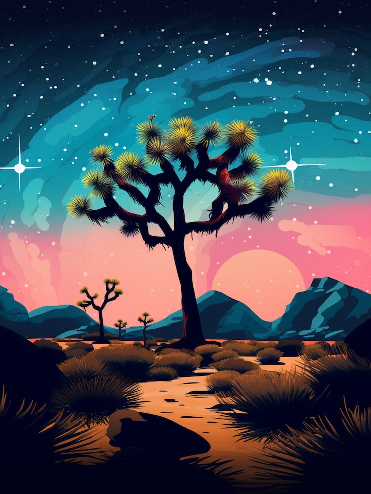 Joshua Tree With Starry Sky At Night In Retro Illustration Style (3)