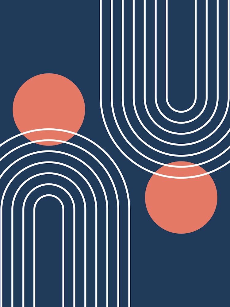 Mid Century Modern Geometric C3 In Navy Blue And Coral (Rainbow And Sun Abstraction) 01