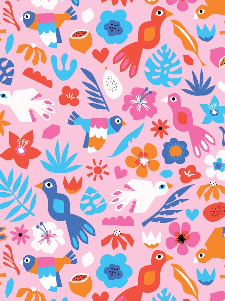Paper Cut Out Collage Exotic Birds, Fruit, and Flowers - Pink Orange Blue