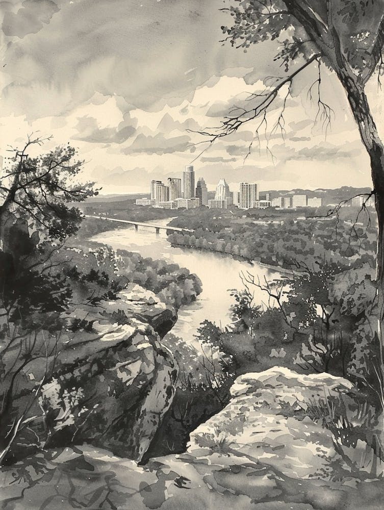 Mount Bonnell Austin Texas Black And White Watercolour 3