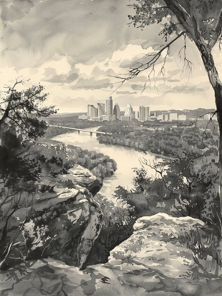 Mount Bonnell Austin Texas Black And White Watercolour 3