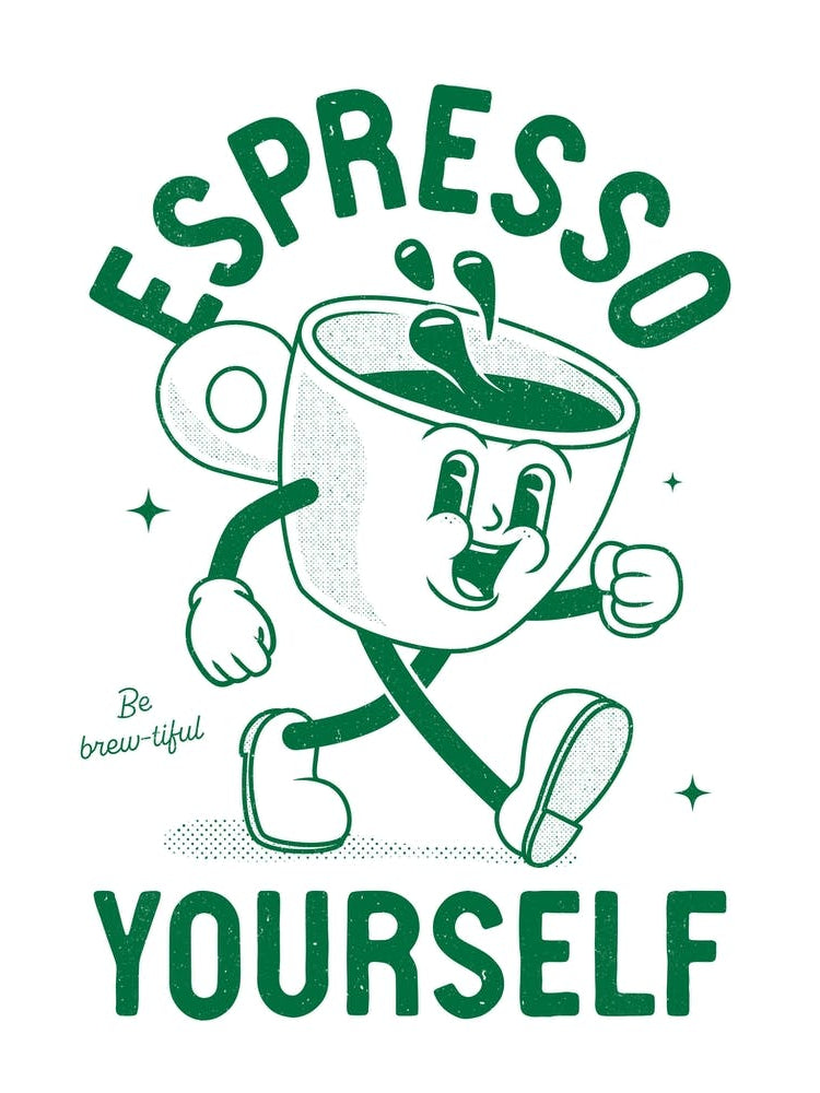 'Espresso Yourself' retro kitchen print in green