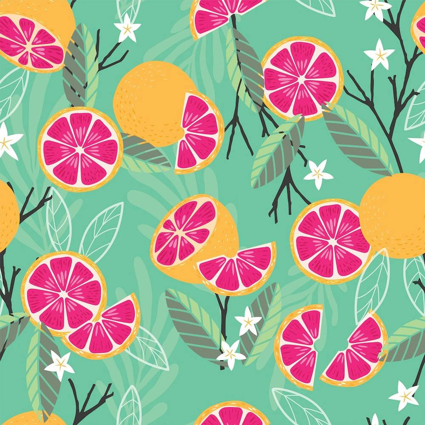 Grapefruit Pattern With Florals And Branches On Green Square