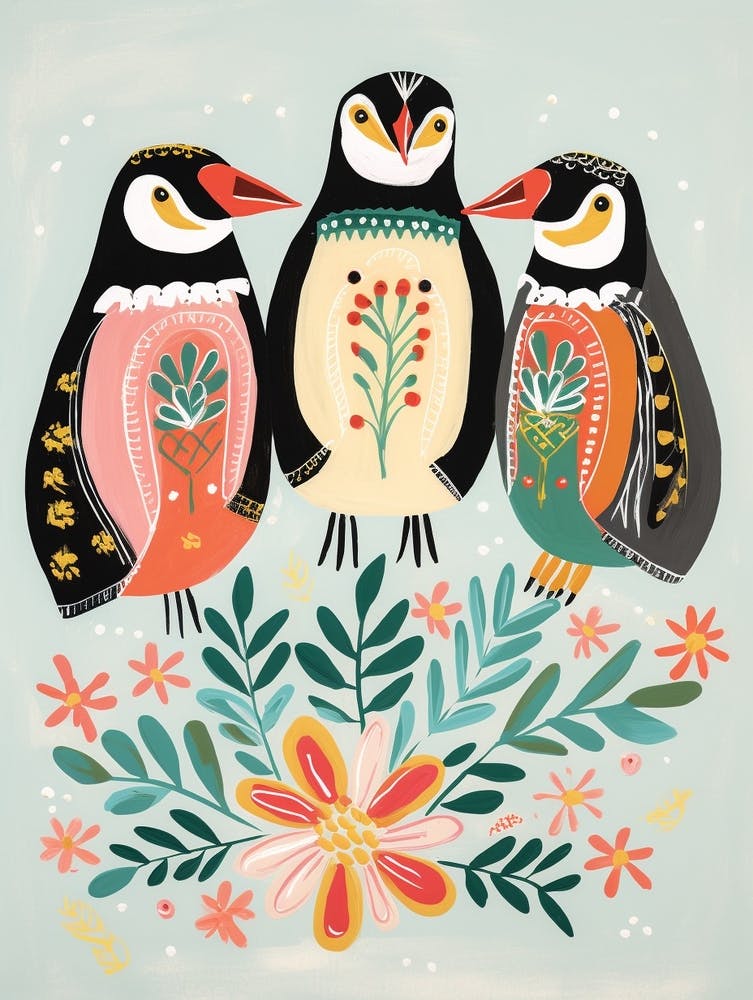 Peinture d'Oiseau de Style Folklorique - Pingouin 3