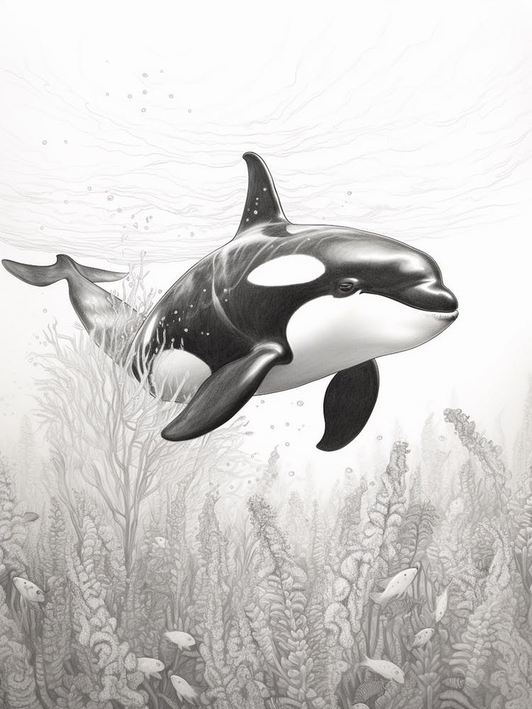 Underwater Realistic Grey Pencil Drawing Of Orca Whale