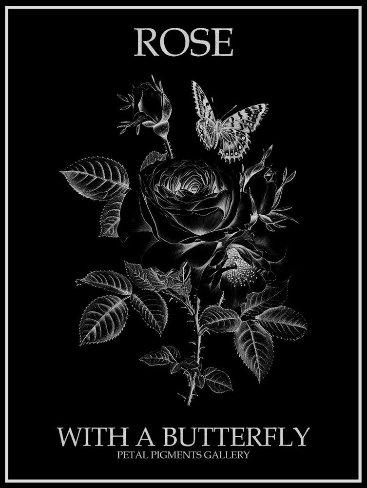Rose With A Butterfly Line Drawing 2 Poster Inverted