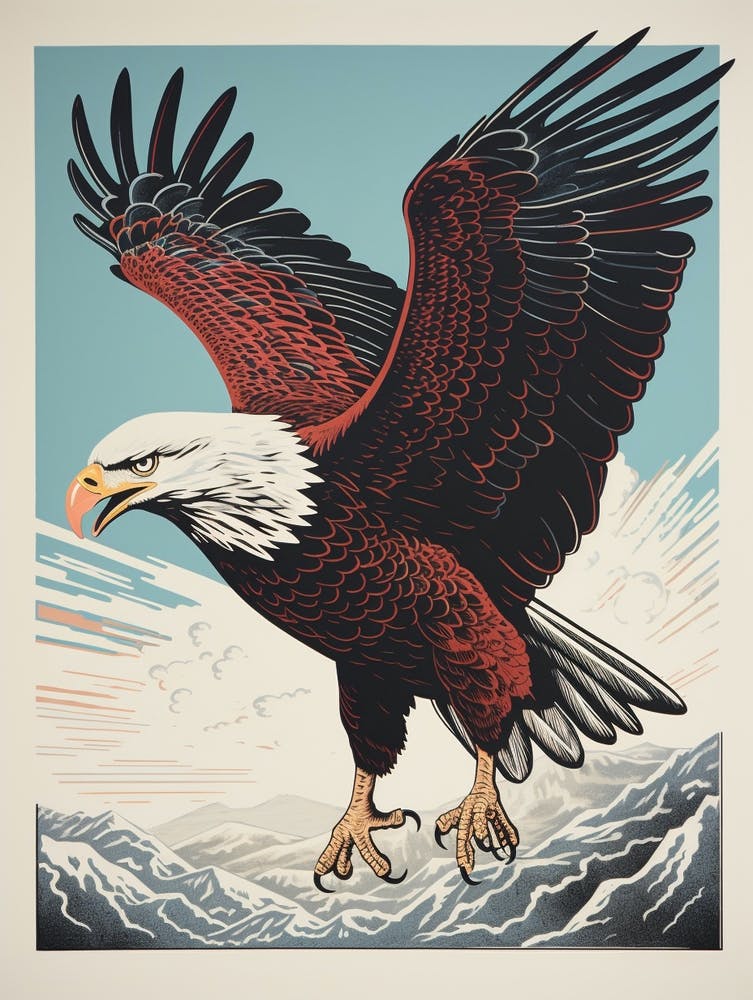 Vintage Bird Linocut Bald Eagle 3