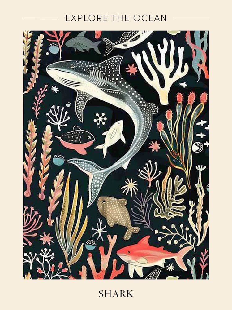 Shark Pattern Seascape Black Background Illustration 3 Poster