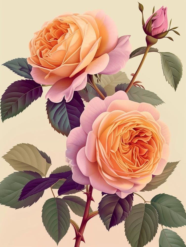 Peinture de Roses Anglaises Rose avec Feuilles 1
