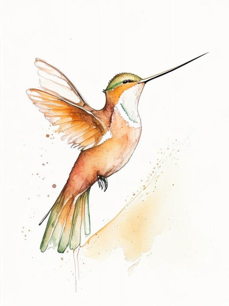 Long Billed Hermit Hummingbird Minimalist Watercolour