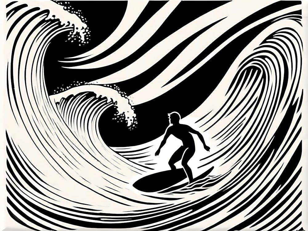 Linocut Black And White Surfer On A Wave art, surfing art, 265