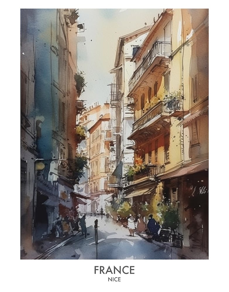 Nice, France 3 Watercolor Travel Poster