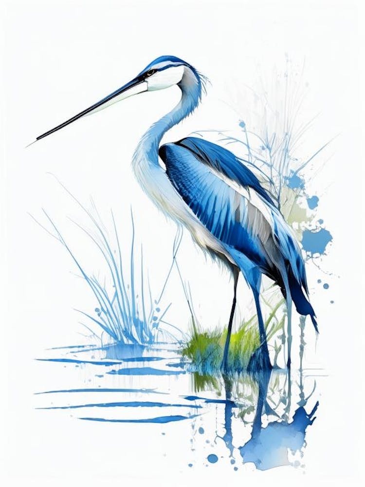 Blue Heron On Pond Impressionistic 1