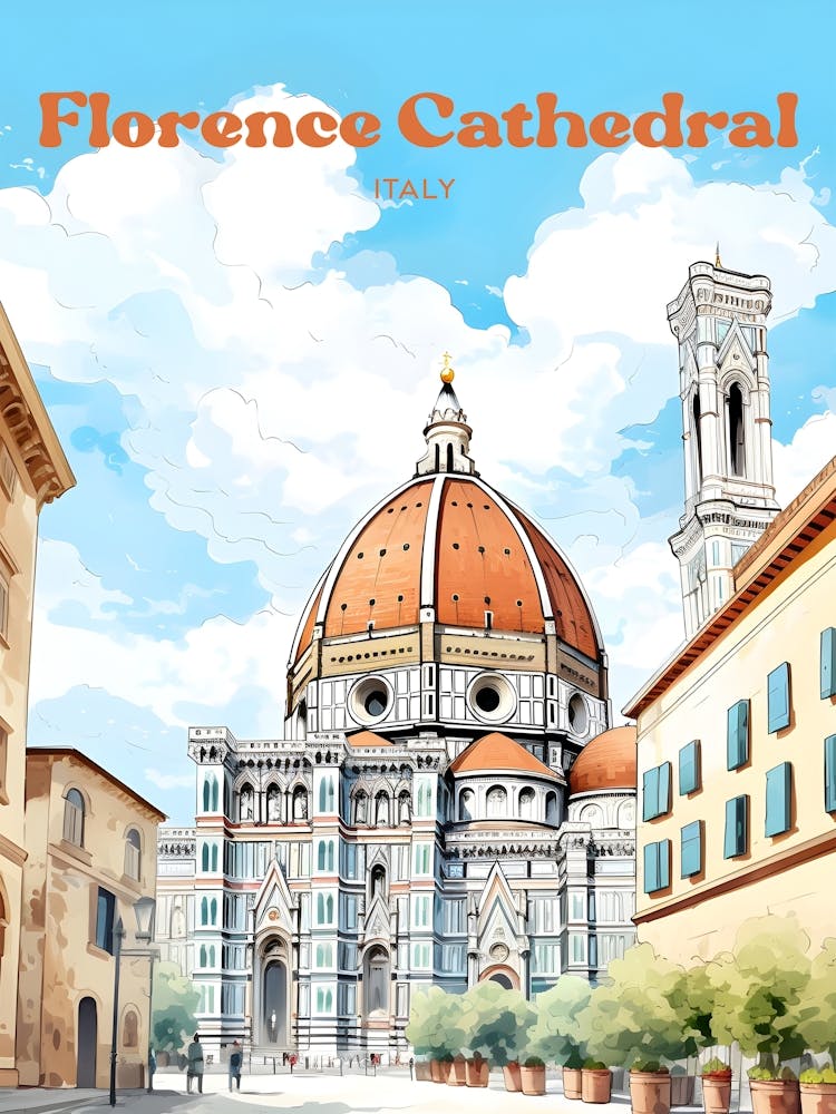 Florence Cathedral Italy Watercolor Painting Modern Travel Illustration