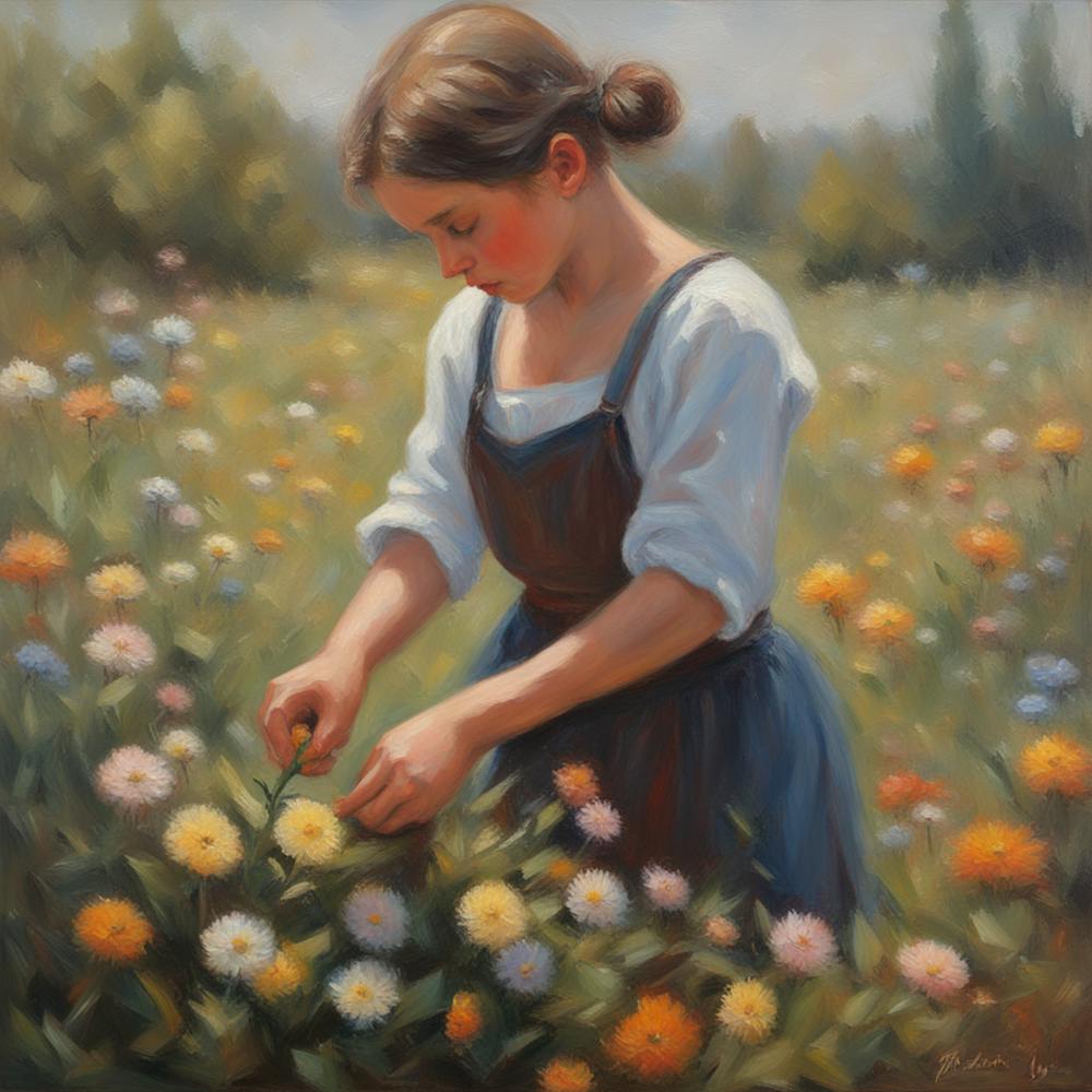 An Impresionist Oil Painting Of A Girl Plucking Th 1