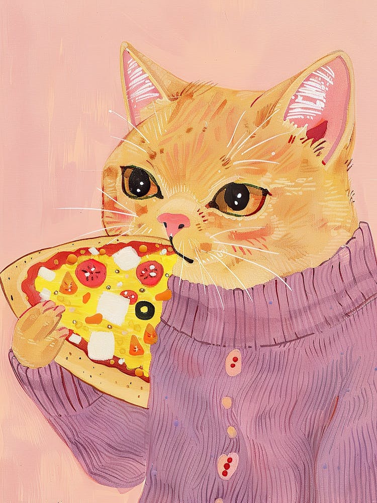 Brown Cat Pizza Lover Folk Illustration 4