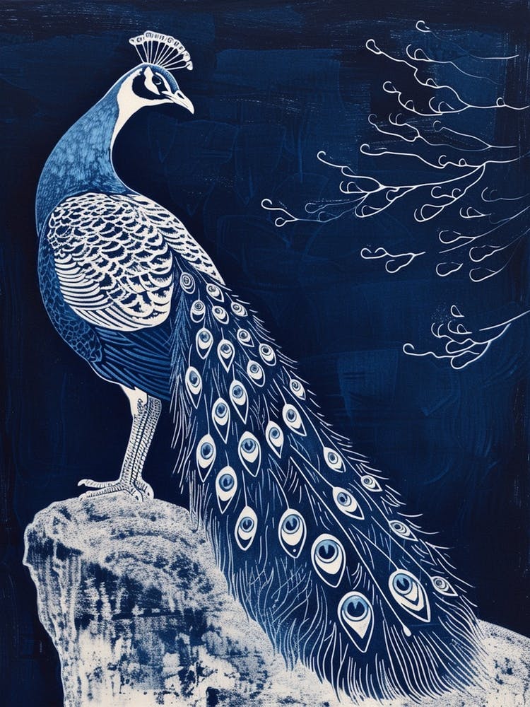 Peacock On A Rock Linocut Inspired 1