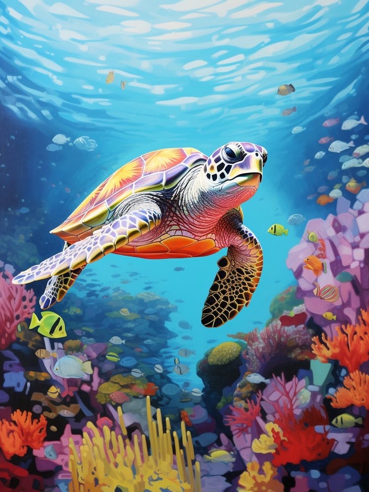 Vivid Pastel Turtle With Aquatic Plants 6