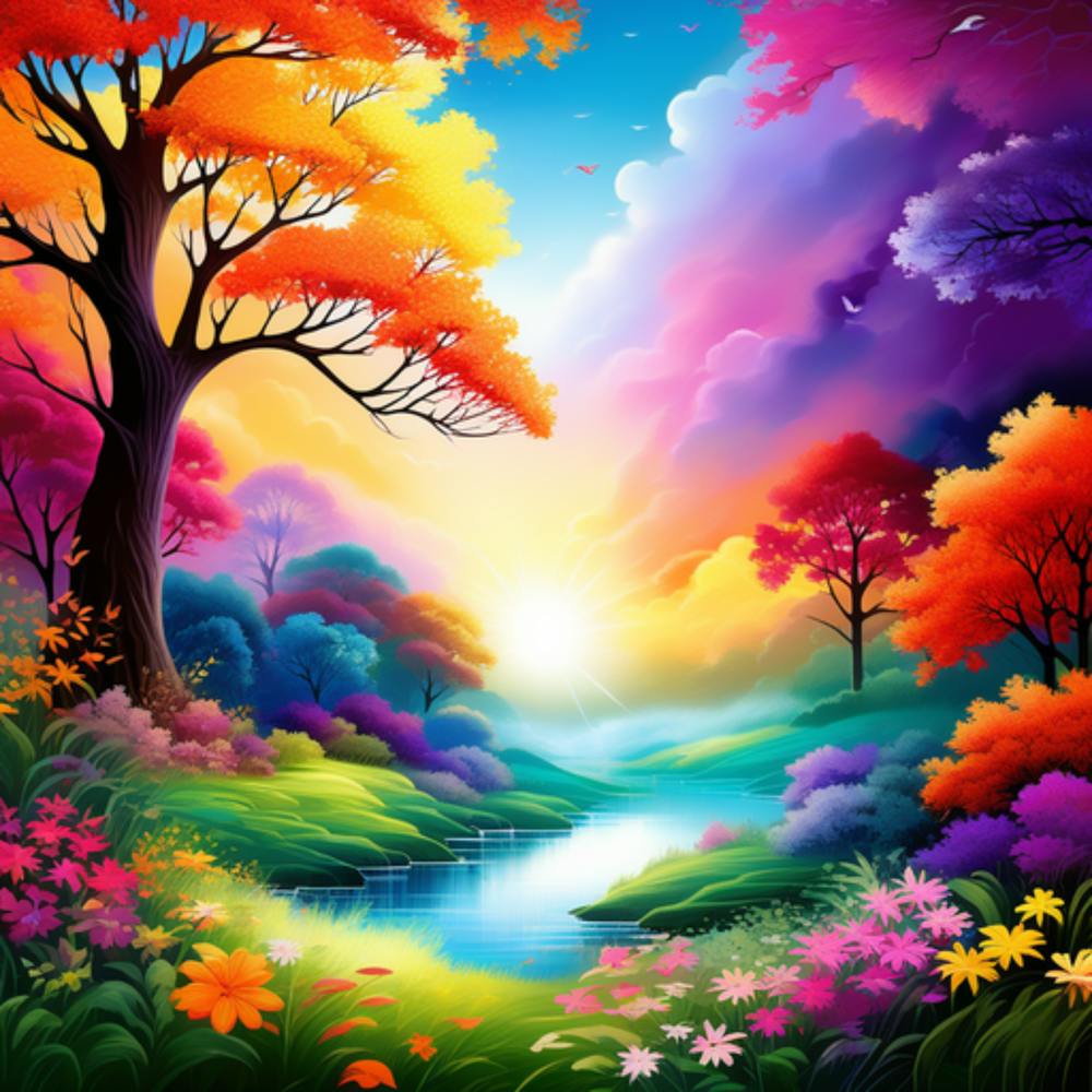 Colorful Landscape With Trees And Flowers