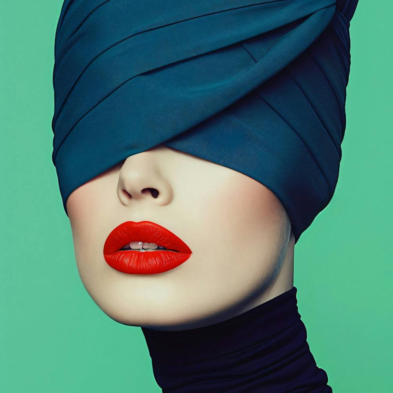 Blauer Turban Mit Rotem Lippenstift