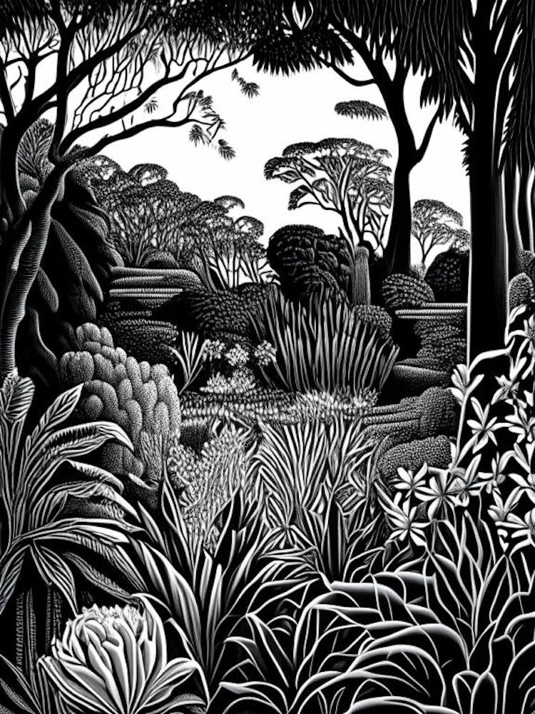 Ballarat Botanical Gardens, 1, Australia Linocut Black And White Vintage