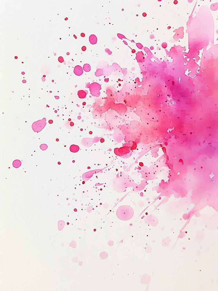 Abstract Watercolor Painting Of A White Background With Flecks Of Pink Paint Scattered Throughout