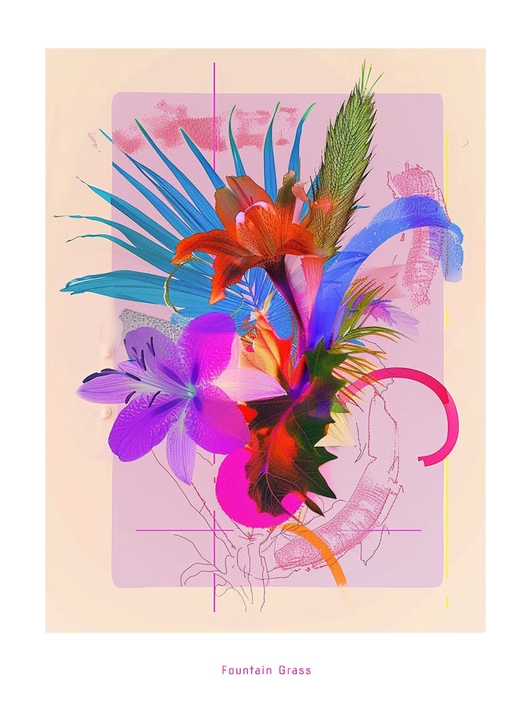 Fountain Grass 2 Neon Flower Collage Poster