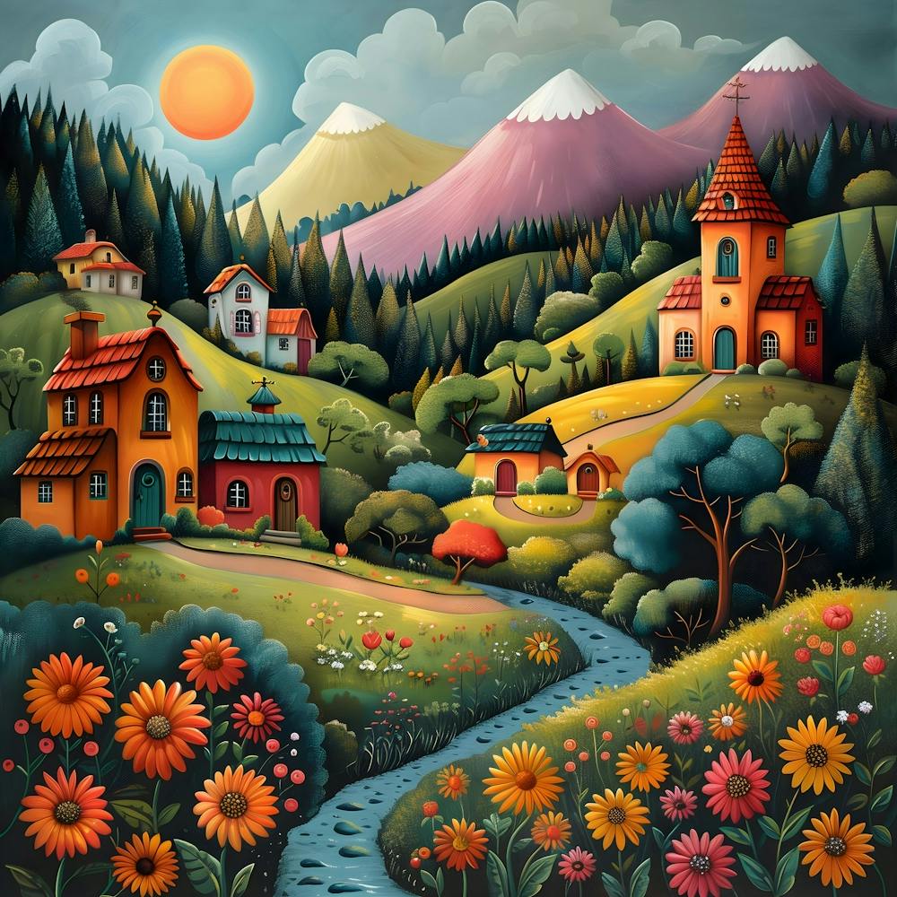 Russian Village, Naive, Whimsical, Folk