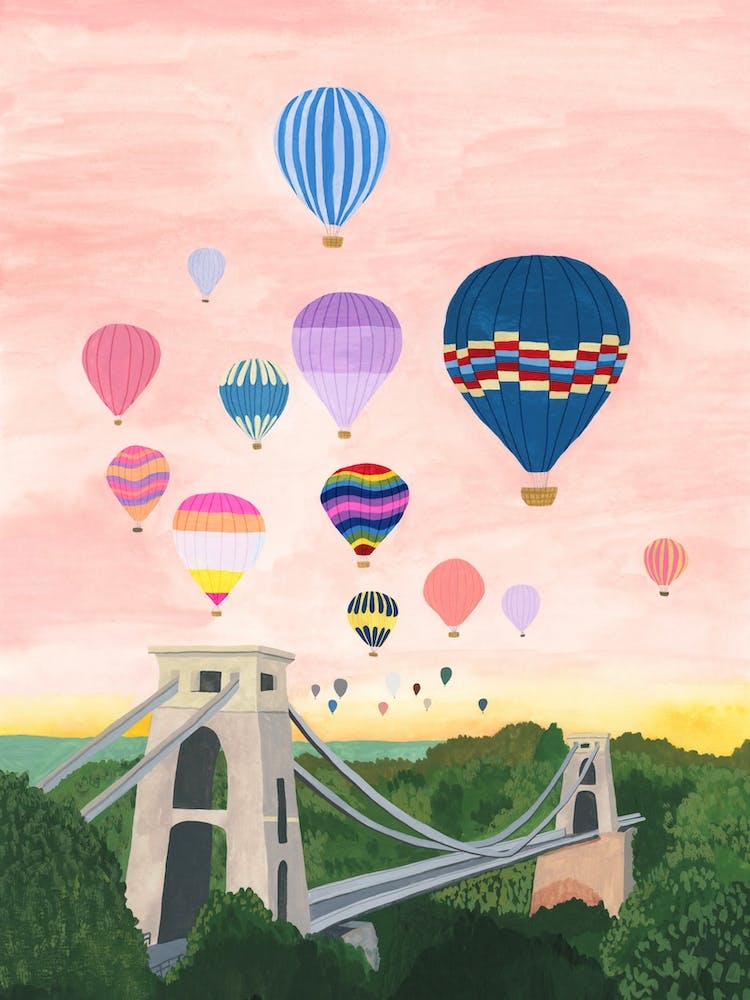 Hot Air Balloons Over Suspension Bridge