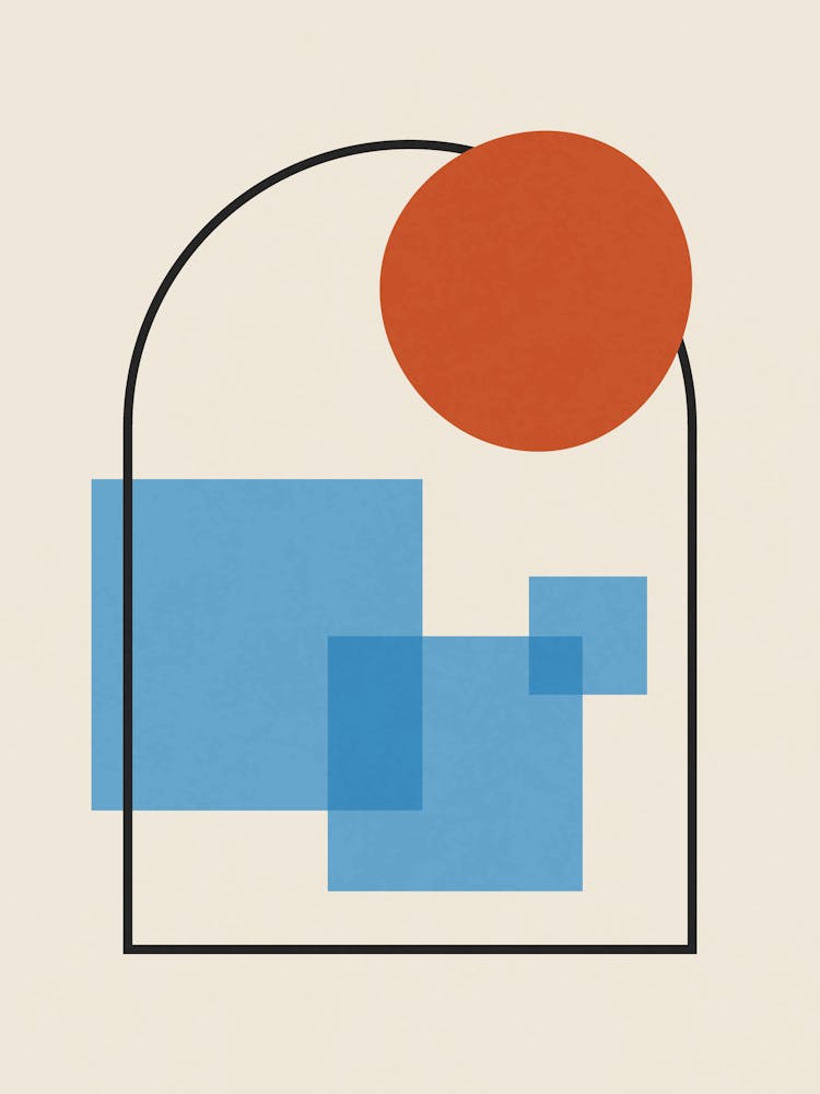 Geometrischer Minimalismus mit Rotem Kreis und Blauen Quadraten