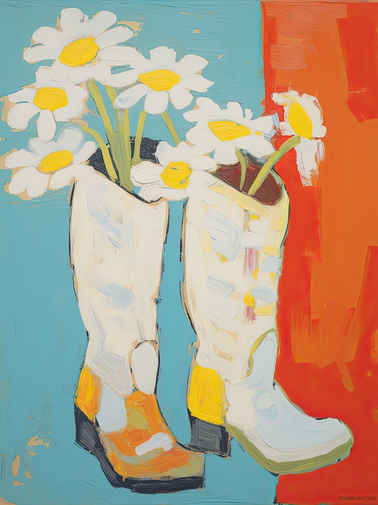 A Painting Of Cowboy Boots With Daisies Flowers, Pop Art Style 12