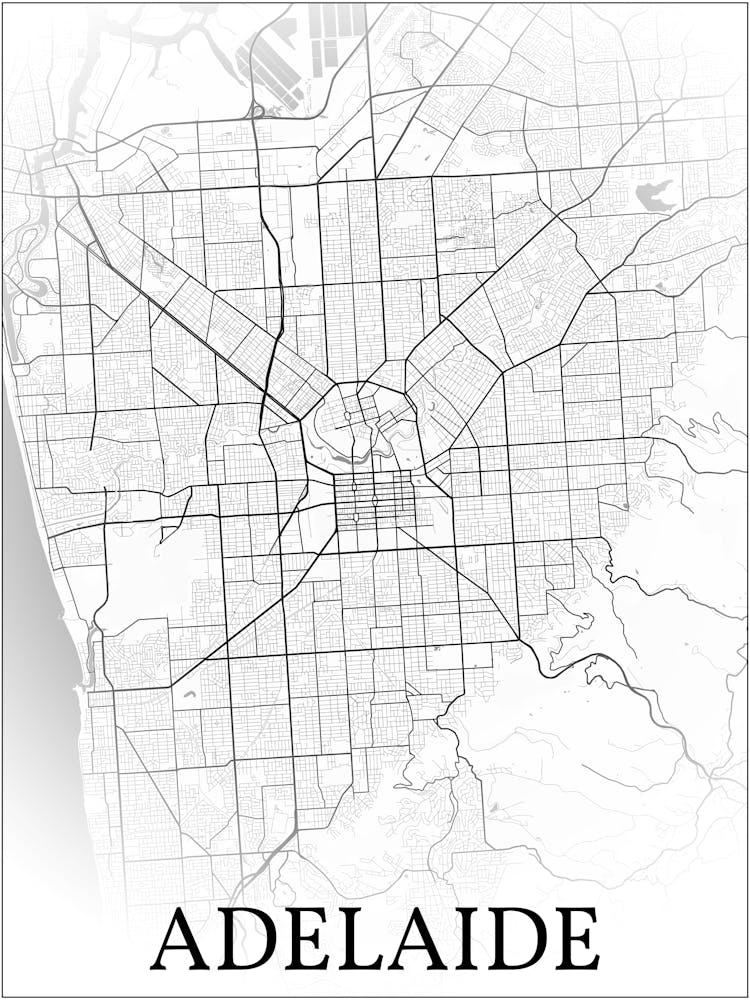 Adelaide, South Australia, Australia, City Map, Black And White Fade Design