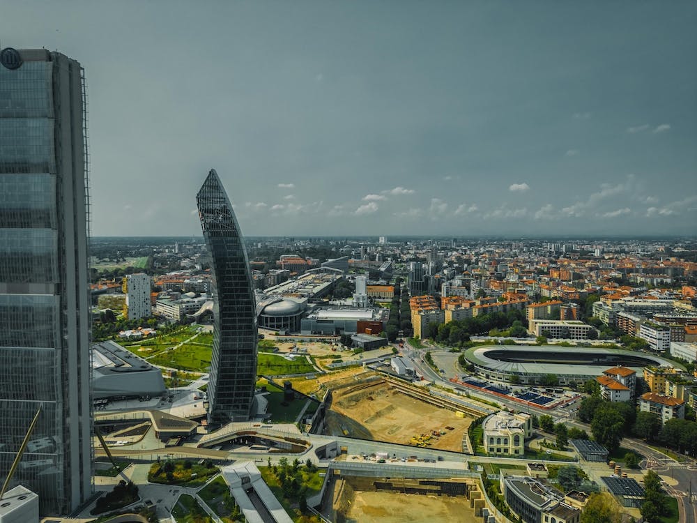 Panorama of the city of Milan, Skyscrapers against the blue sky