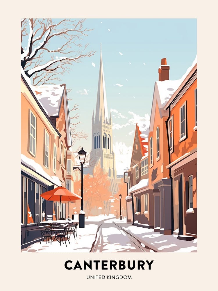 Vintage Winter Travel Poster Canterbury United Kingdom 1