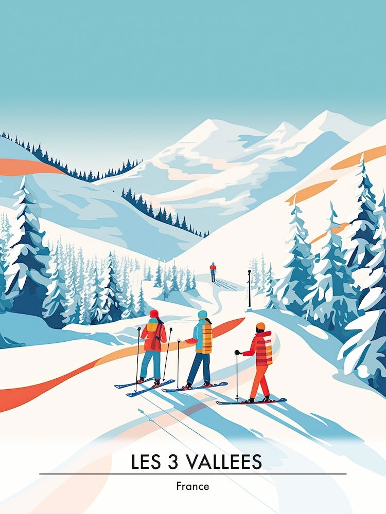 Les 3 Vallees   France, Ski Resort Poster Illustration 3