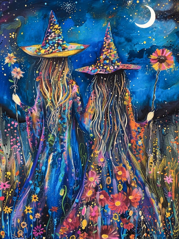 Best Friends Boho Hippy Witches Holding Flowers | Botanical Witchcraft Pagan Coven Painting | Witch Print Magical Spellwork Esbat | Witchy Wiccan in Wildflowers HD