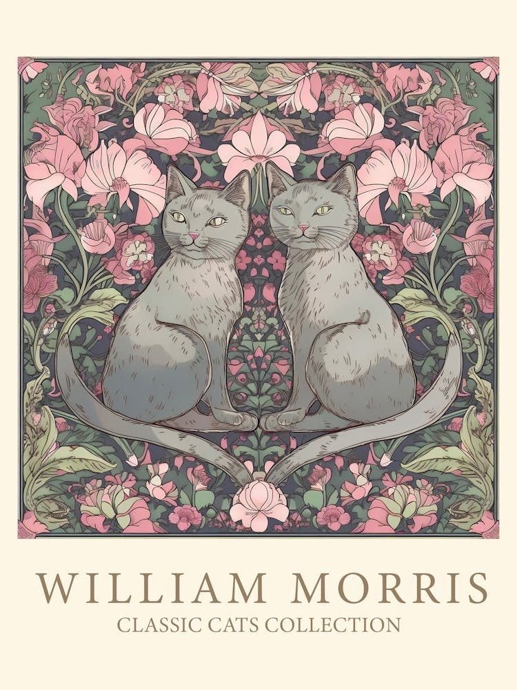 William Morris  Inspired  Classic Cats Grey Pink And Green