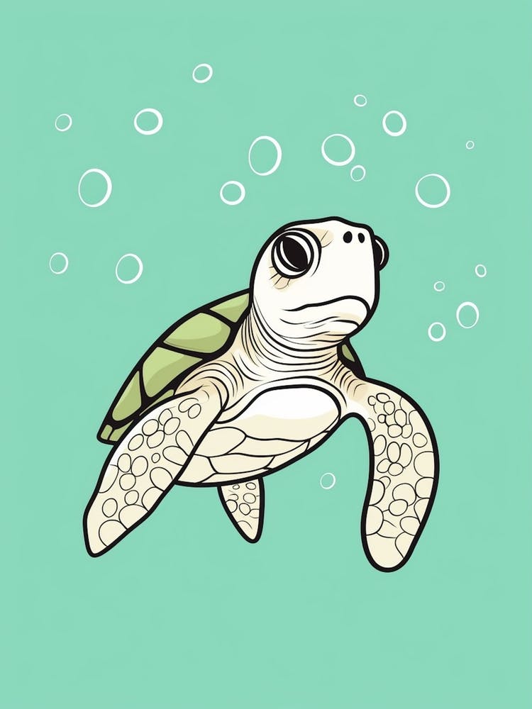 Baby Sea Turtle Digital Illustration Aqua