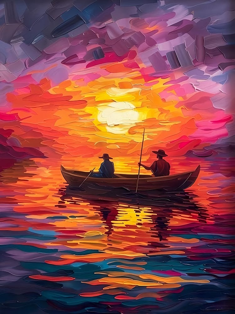 Colourful Boat Oil Painting Impasto Fishermen In Canoe At Sunset Boat Print Wall Art Sunset Maximalist Decor Coastal Beachy Prints