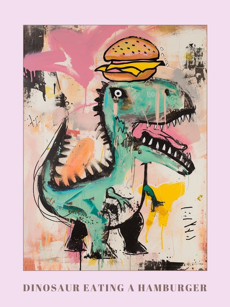 Dinosaur Eating A Hamburger Pink Blue Graffiti Style 2 Poster