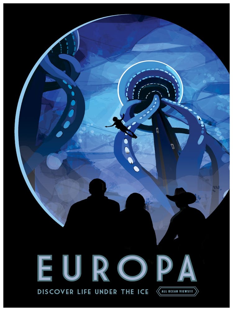 NASA Space Poster, Europa, Discover Life Under The Ice, Vintage Style Poster